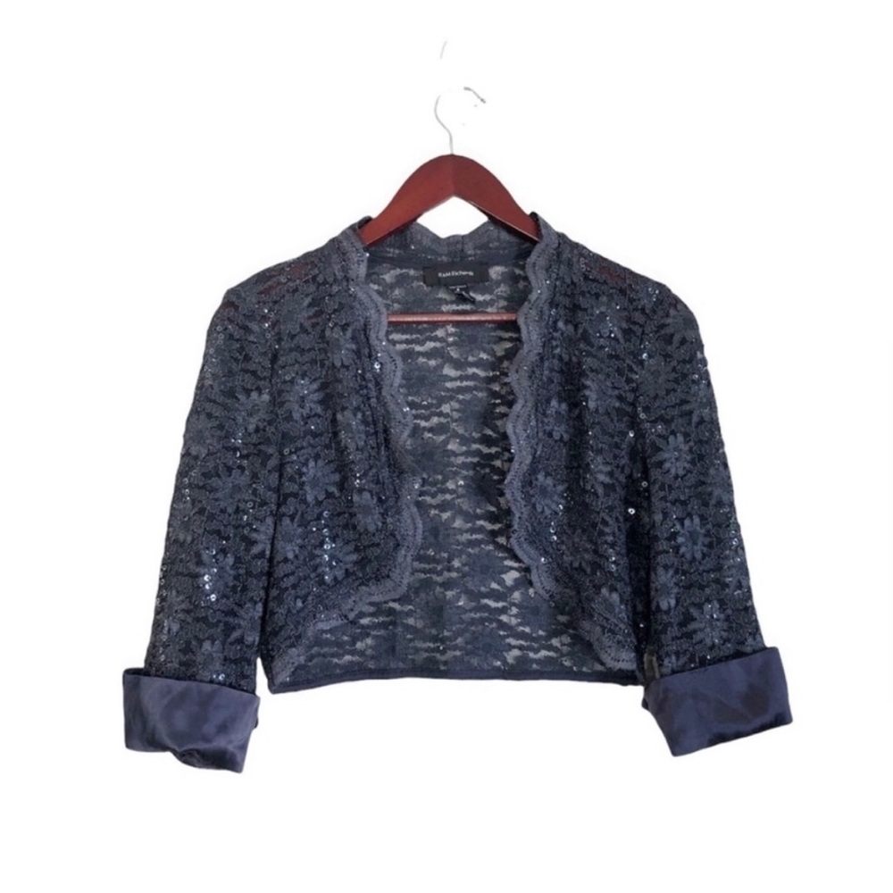 R&M Richards Gray Sheer Lace Crop Sweater - Picture 5 of 11
